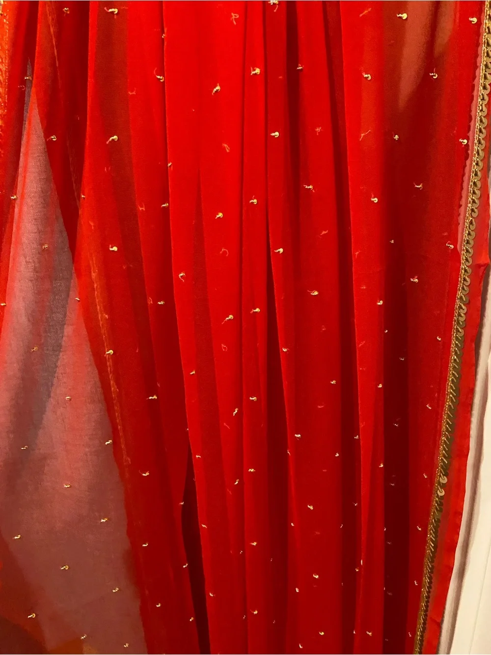 Vintage Red Embellished Indian Women’s Scarf Dupatta Shawl Veil with Gold Trim